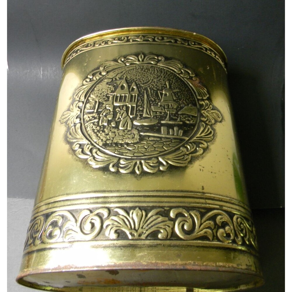 Vtg Weibro Embossed Metal Trash Garbage Can Dutch Windmill Chicago USA Gold Tone